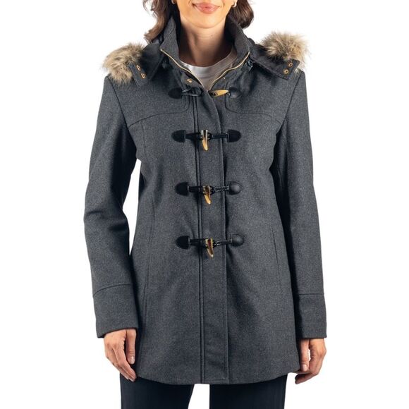 Alpine Swiss Duffy Womens Hooded Parka Fur Trim Wool Coat Toggle Button Jacket - Picture 2 of 10